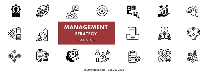 Business, data analysis, organization management and technology icon set. Teamwork, strategy, planning, marketing, cloud technology, data analysis, employee icon set. Icons vector collection