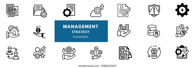 Business, data analysis, organization management and technology icon set. Teamwork, strategy, planning, marketing, cloud technology, data analysis, employee icon set. Icons vector collection