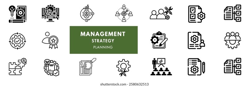 Business, data analysis, organization management and technology icon set. Teamwork, strategy, planning, marketing, cloud technology, data analysis, employee icon set. Icons vector collection