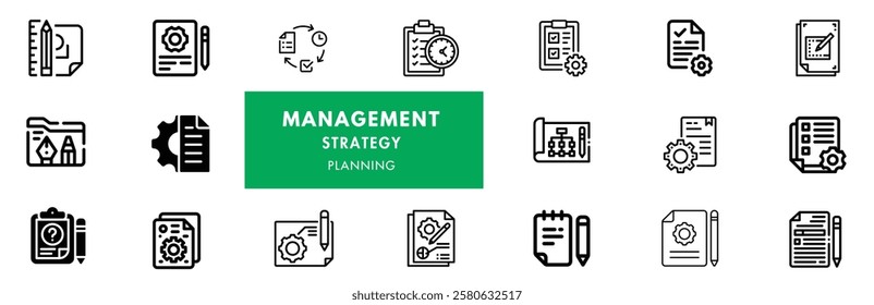 Business, data analysis, organization management and technology icon set. Teamwork, strategy, planning, marketing, cloud technology, data analysis, employee icon set. Icons vector collection