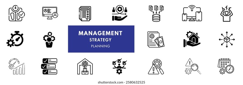 Business, data analysis, organization management and technology icon set. Teamwork, strategy, planning, marketing, cloud technology, data analysis, employee icon set. Icons vector collection