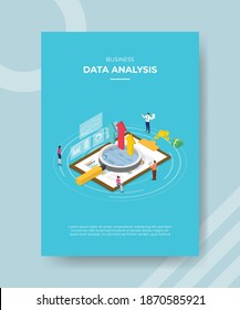 business data analysis people standing around lupe chart clipboard up arrow money ifor template flyer and print banner cover isometric 3d flat style vector design illustration