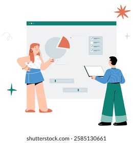 Business Data Analysis With Pie Chart. Female And Male Professionals Discussing Statistics, Flat Vector Illustration Symbolizing Market Research And Strategy, Isolated On White Background