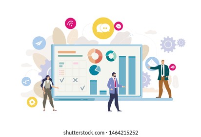 Business Data Analysis, Planning Company Strategy, Digital Marketing, Businesspeople Communication Flat Vector Concept. Businesswoman and Businessman near Laptop with Graphs on Screen Illustration