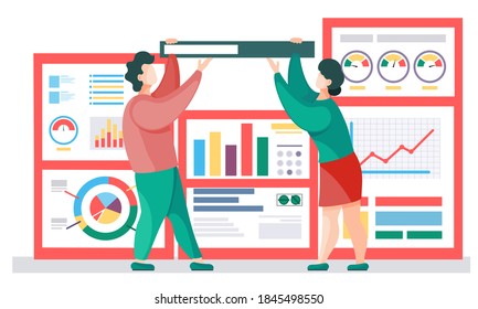 Análisis de datos empresariales, estrategia de empresa de planificación, marketing digital, concepto de vector plano de comunicación de empresarios. Empresaria y empresaria cerca de afiches con gráficos e ilustraciones