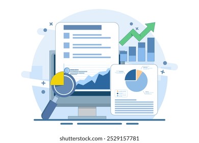 Concepto de informe de análisis de datos de negocios, Gente de negocios que analiza informe de negocios, Negocios, análisis de crecimiento financiero, Software de análisis, Ilustración vectorial plana en segundo plano.