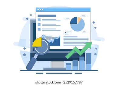 Conceito de relatório de análise de dados de negócios, Business people analysis business report, Business, análise de crescimento financeiro, software de análise, ilustração de vetor plano no plano de fundo.