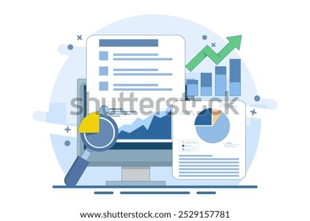 Business data analysis report concept, Business people analyzing business report, Business, financial growth analysis, Analysis software, flat vector illustration on background.