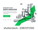 Business data analysis and research concept. Magnifying glass with diagram on green arrow background. Hand drawn vector sketch illustration. Investment and finance banner poster design