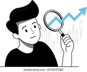 Business data analysis and research concept. Magnifying glass with diagram on green arrow background. Hand drawn vector sketch illustration. Investment and finance banner poster design