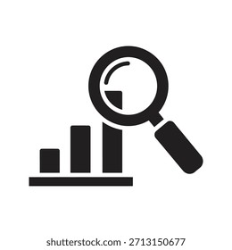 Análisis de datos de negocios ícono de investigación símbolo de glifo sólido elemento de diseño de Vector lupa gráfico de barras estadísticas informe de investigación inspección de auditoría estudio