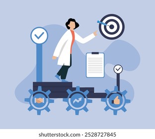 Análise de dados de negócios e gerenciamento robótico de automação de processos. Consultor toca engrenagens conectadas a gráficos financeiros KPI e gráficos de ilustrações de vetor plano 2d
