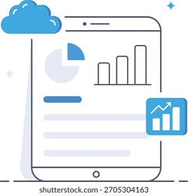 Business data analysis showing a cloud-connected dashboard with charts. Can be used for business presentations, financial reports, or data visualization concepts. isometric flat vector illustration.