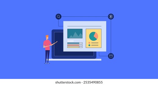 Business data analysis software, Business intelligence, Business analytics concept, Business people reading performance report - vector illustration with icons