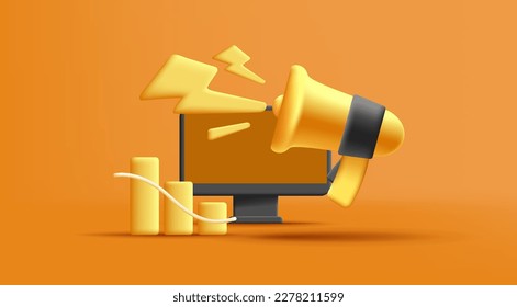 Business data analysis. Stock investment exchange. Financial statistics 3d digital render illustration with computer, graph and megaphone, risk warning