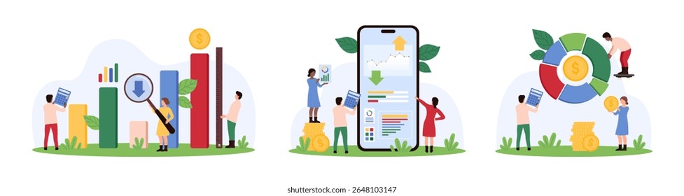 Business data analysis, success investment experience evaluation set. Tiny people research pie chart, measure graph progress with ruler, evaluate information in mobile app cartoon vector illustration