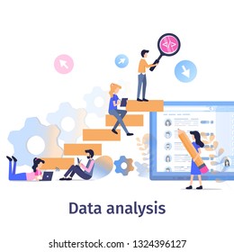Business Data Analysis Teamwork Strategy Growth. Team Collects Social Media Information. Man Searches Content with Magnifier. People Analyze Surveilance Result Flat Cartoon Vector Illustration