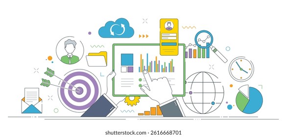 Business data analysis tools, and business growth indicators illustration with vector icons.