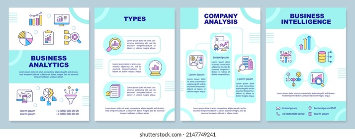 Business data analysis turquoise brochure template. Company management. Leaflet design with linear icons. 4 vector layouts for presentation, annual reports. Arial-Black, Myriad Pro-Regular fonts used