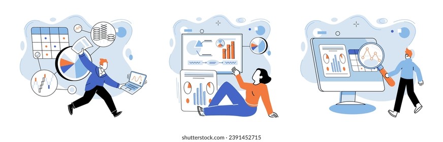 Business data analysis vector illustration. Research is compass guiding ship through sea information Accounting is architect designing blueprint for business analytics Business strategy is roadmap