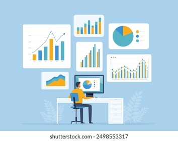 business data analyst and business finance investment concept with businessman work on computer and report dashboard. flat vector illustration design

