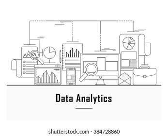 Business data analytic, finance statistics, web search analysis, database research web banner, hero image, website slider. Line art vector illustration.