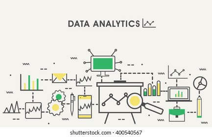 Business data analytic, finance statistics, web search analysis, database research web banner, hero image, website slider. Line art vector illustration.
