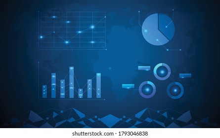 Business Data Analytic with type of graph for information and vitualization present template. Finace exchange calculate with statistic structure analysis on the world wide background line.