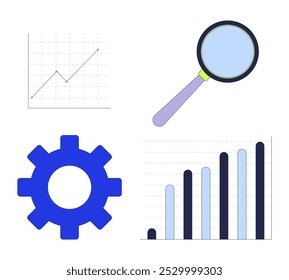 Business data analytics 2D cartoon objects set. Magnifying glass, cog gear. Management analysis graph chart isolated elements flat vector cliparts on white background. Spot illustrations collection