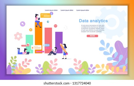 Business Data Analytics Company, Digital Marketing Service Flat Vector Web Banner or Landing Page. Business People Working on Laptop, Analyzing Statistics Information, Making Infographics Illustration