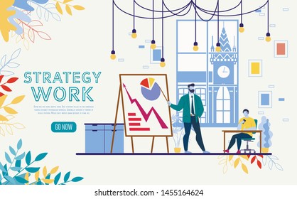 Business Data Analytics, Company Strategy Planning Flat Vector Web Banner, Landing Page Template with Leader Presenting Company Growth Infographics to Partner, Employees Planning Project Illustration