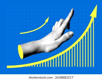 Business data analytics concept. Halftone hand shows sales growth chart. Modern collage. Growth graph with arrow up. Successful business performance. Financial success. Achieving high results