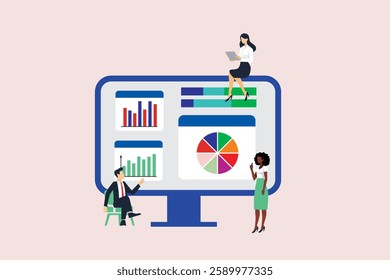 Business Data Analytics Concept. Vector illustration in flat style of a large monitor with tabs displaying graphs, chats, and a group of people looking at them. Isolated on background