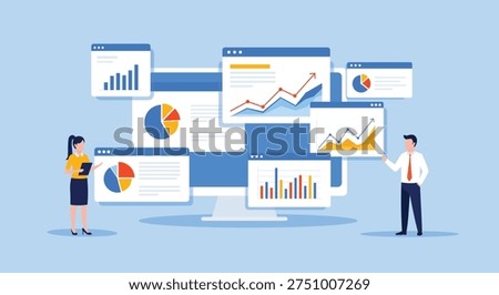 Business Data Analytics Dashboard with Multiple Charts – Financial Statistics Flat Vector Illustration