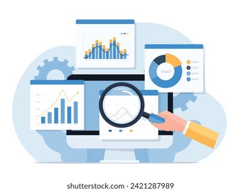 concepto de diseño de análisis de datos empresariales. y el tablero de informes de seguimiento de inversiones de la financiación de empresas de la ilustración de vector plana.	