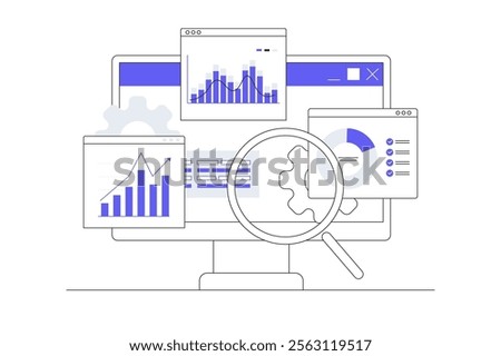 Business data analytics design concept. Finance investment monitor report dashboard. Flat Cartoon Vector Illustration, icon. Stylish abstract Blue 
