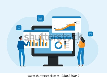 business data analytics design. people marketing team working. business finance investment concept. report graph dashboard infomation. flat vector illustration.