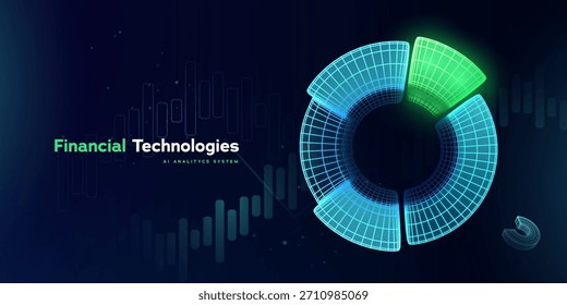 Análise de Dados Corporativos. Crescimento financeiro. Painel Analítico Da Fintech Com Gráfico De Dados Circulares Futuristas Em Azul E Verde Neon Para Finanças, Investimento E Ideias De IA. Ilustração de vetor.