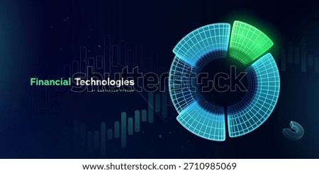 Business Data Analytics. Financial Growth. Fintech Analytics Dashboard With Futuristic Circular Data Chart In Neon Blue And Green For Finance, Investment, And AI Insights. Vector Illustration.