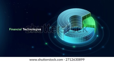 Business Data Analytics. Financial Growth. Fintech Analytics Dashboard With Futuristic Orthographic Circular Pie Chart In Neon Blue And Green For Finance, Investment, AI Insights. Vector Illustration.