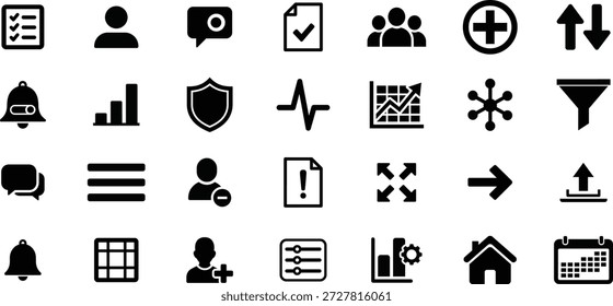 Análise de dados de negócios e estatísticas de crescimento + símbolos sólidos pretos minimalistas para relatórios financeiros e visualização de KPI + Gráfico, Gráfico, Análise, Progresso, Sucesso, Estatísticas, Crescimento.