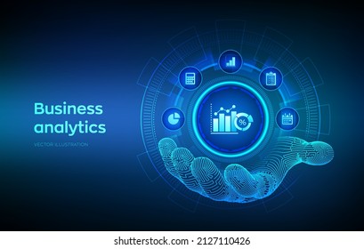 Business data analytics icon in robotic hand. Robotic process automation concept on virtual screen. Profit and revenue of company, BI or KPI concept. Vector illustration.