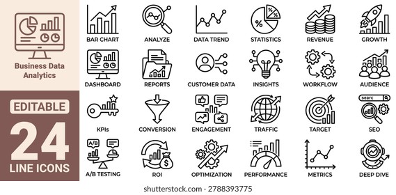 Business Data Analytics Icon Set Featuring Bar Chart Analytics Data Trend Statistics Revenue Growth Dashboard Reports Customer Data Insights Workflow Audience KPIs and Metrics