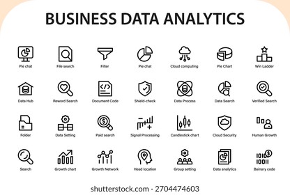 Business data analytics icons. pie statistics, search elements, growth charts, cloud protection, and processing features.
