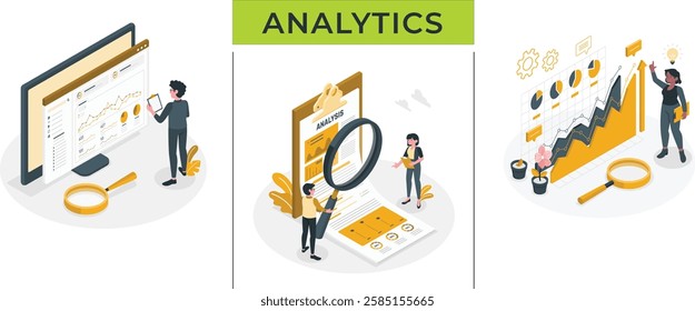 Business data analytics illustrations. Set of isometric illustrations depicting key stages of business analytics, from data collection to insights and decision-making.