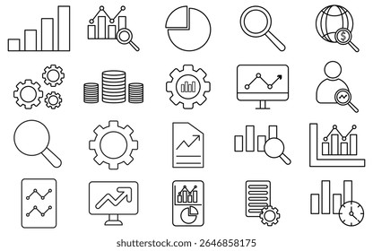 Conjunto de iconos de línea de análisis de negocios y datos: Vector de trazo delgado editable para finanzas, informes, gráficos e infografías, Ilustración vectorial