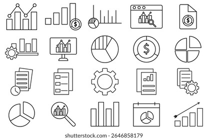 Business and Data Analytics Line Icons Set – Editable Thin Stroke Vector for Finance, Reports, Charts, and Infographics, vector illustration
