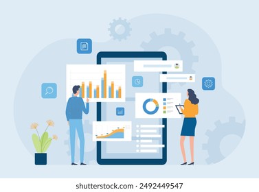 business data analytics report design concept. and flat vector illustration business finance investment monitor dashboard. people team working concept