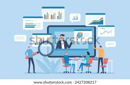 business data analytics report. finance investment graph. online marketing strategy planning, and online education learning with webinar. people team working meeting for brainstorming concept