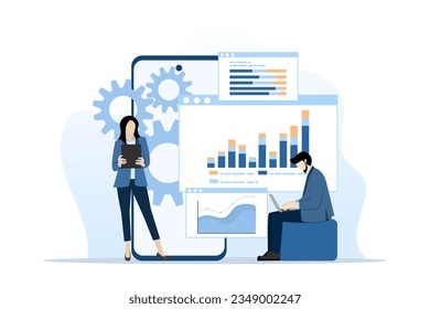 business data analytics research concept and Data Scientist team meeting. with business people working together on report graph dashboard monitor. and financial investment planning concept, vector.